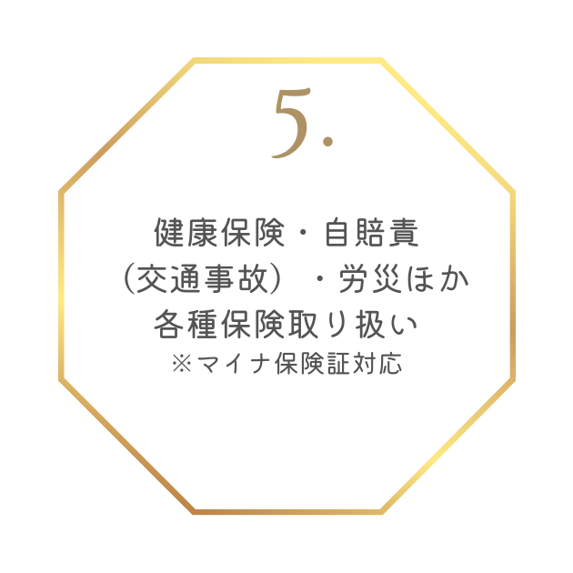 特徴5
健康保険・自賠責（交通事故）・労災ほか各種保険取り扱い※マイナ保険証対応